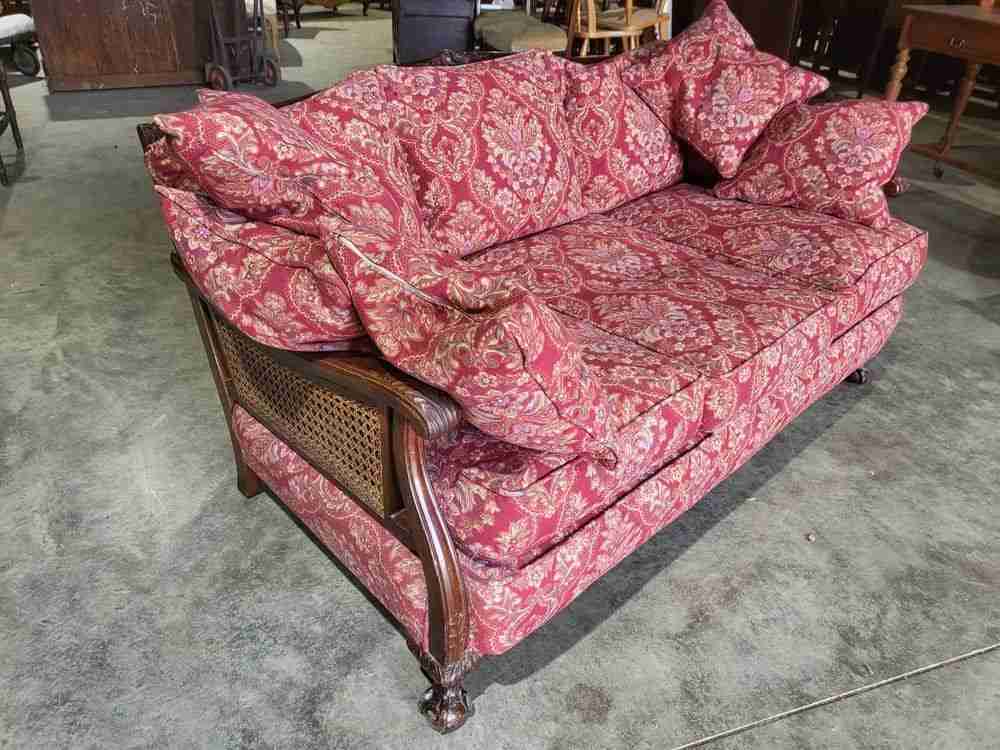 Antique 3 piece suite  20thC bergere sofa 24 feather cushions 2 bergere armchair