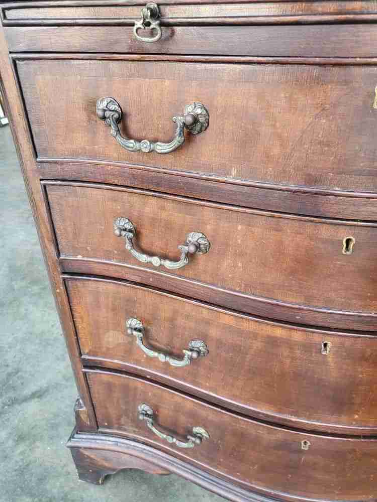 Antique repro serpentine small chest of drawers bracket feet tray desk