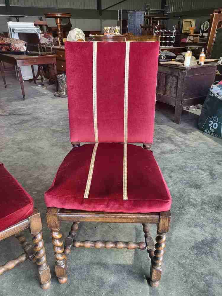 4 vintage 20thC oak barley twist bergere dining chairs padded