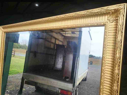 Very large freestanding dressing rectangular bevelled gold mirror 6'6" x 4'6"