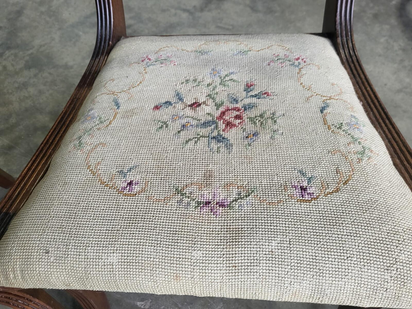 Six antique Regency sabre leg tapestry dining chairs