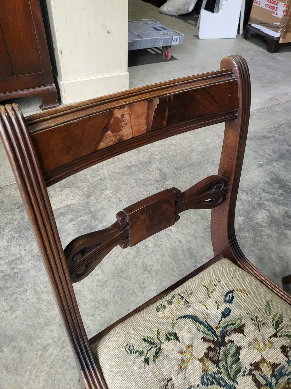 Six antique Regency sabre leg tapestry dining chairs