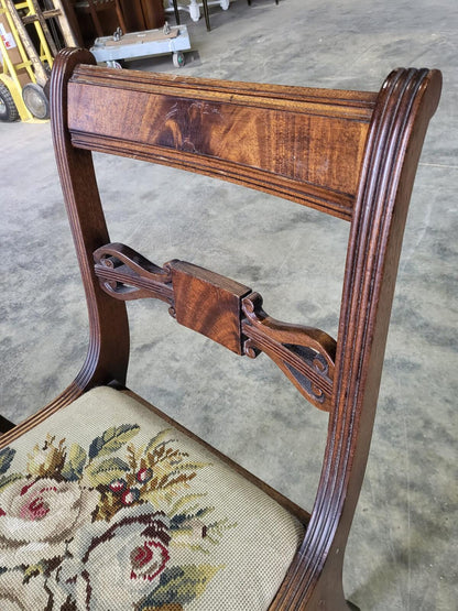 Six antique Regency sabre leg tapestry dining chairs
