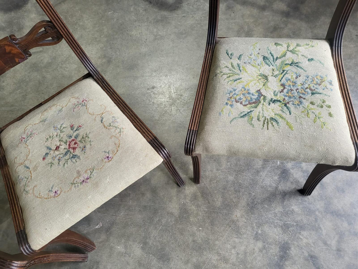 Six antique Regency sabre leg tapestry dining chairs