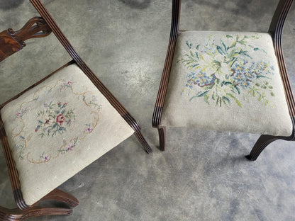 Six antique Regency sabre leg tapestry dining chairs