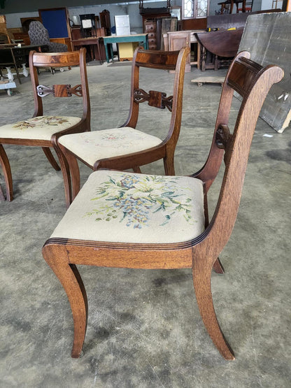 Six antique Regency sabre leg tapestry dining chairs
