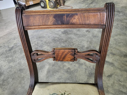 Six antique Regency sabre leg tapestry dining chairs