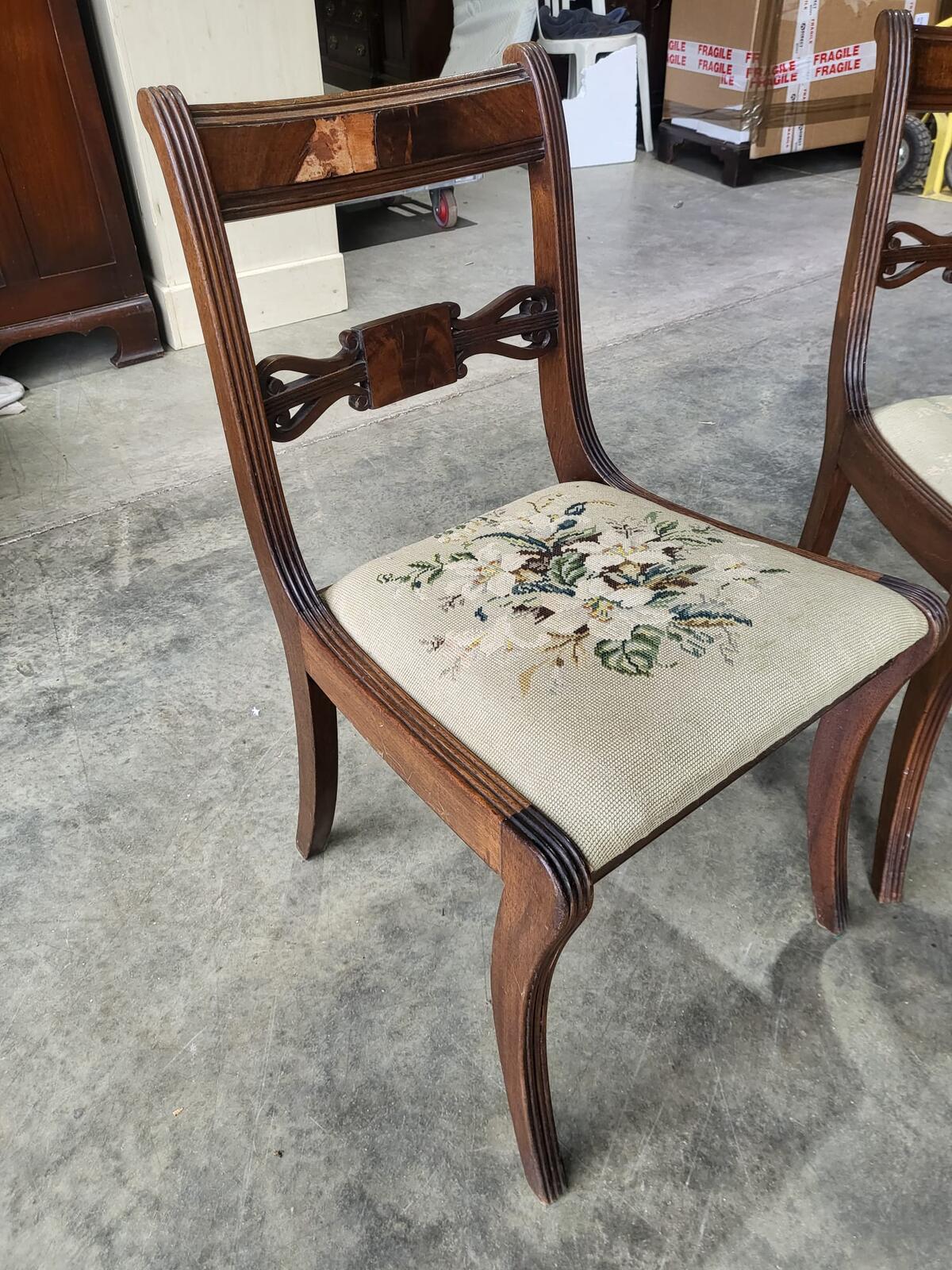 Six antique Regency sabre leg tapestry dining chairs