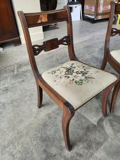 Six antique Regency sabre leg tapestry dining chairs