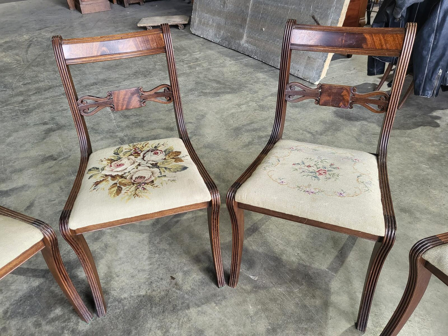 Six antique Regency sabre leg tapestry dining chairs