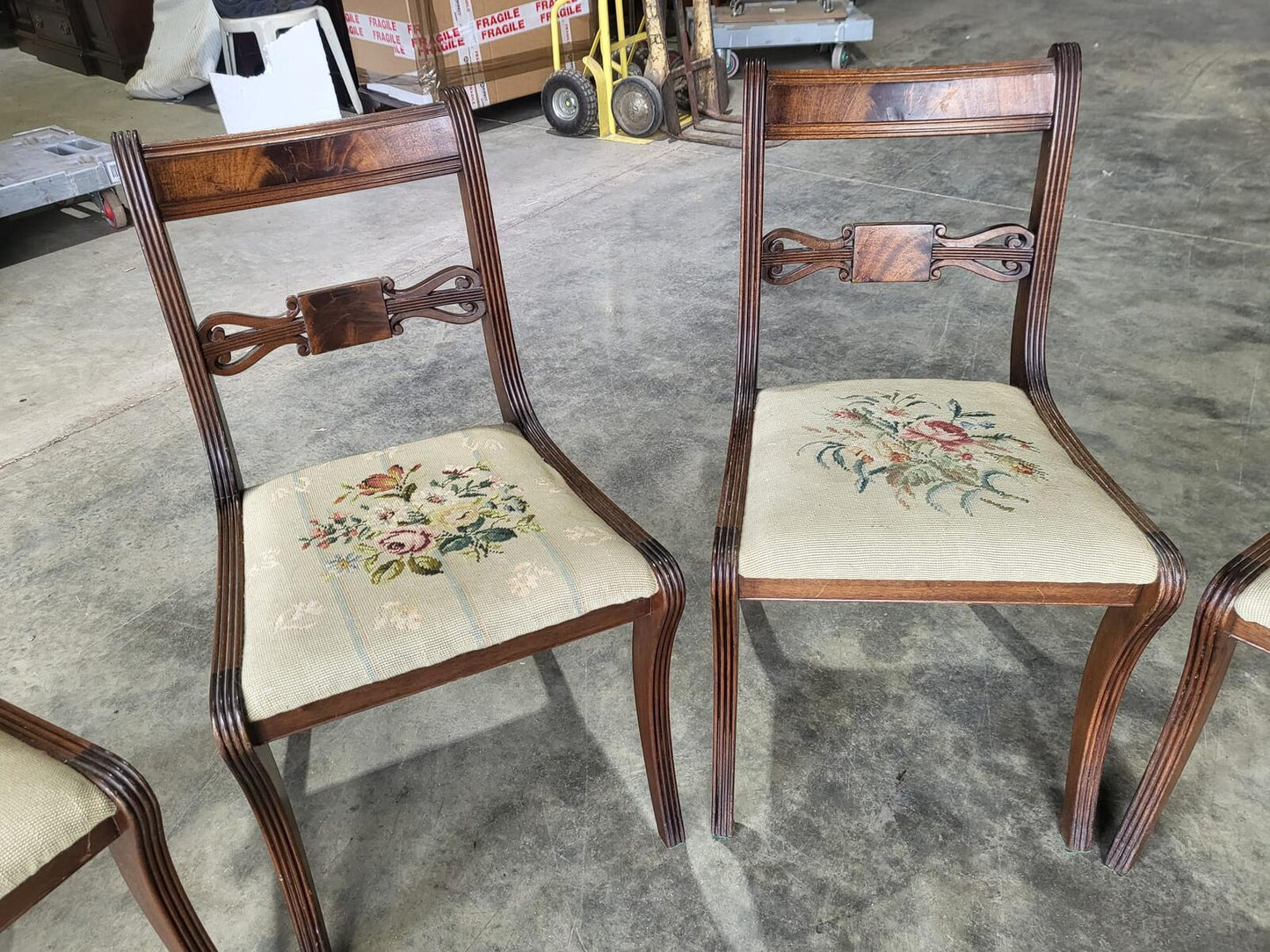 Six antique Regency sabre leg tapestry dining chairs