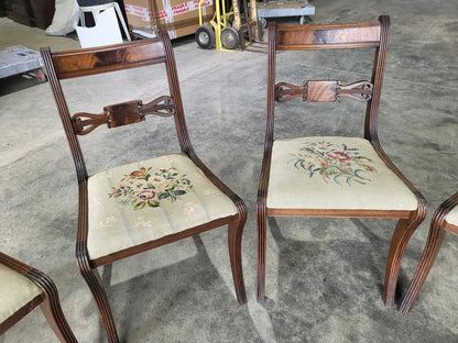 Six antique Regency sabre leg tapestry dining chairs