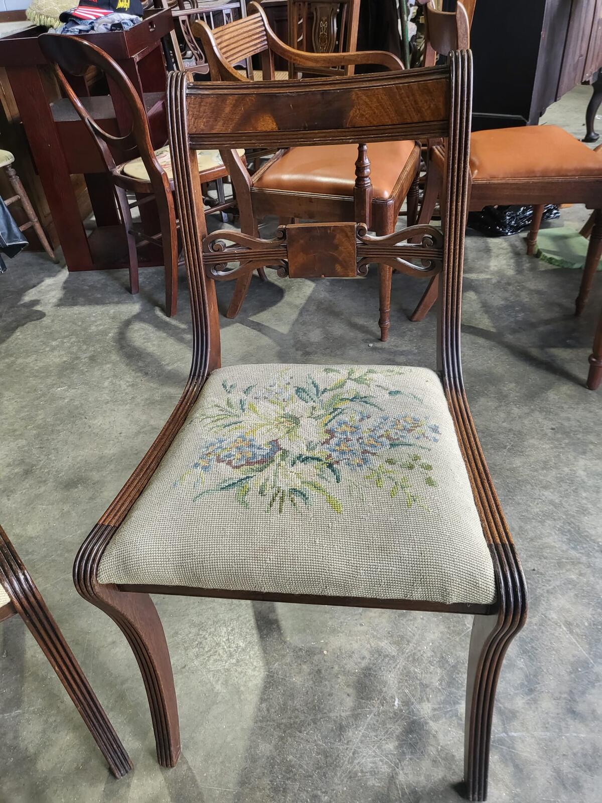 Six antique Regency sabre leg tapestry dining chairs