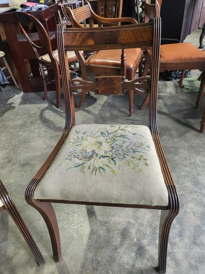 Six antique Regency sabre leg tapestry dining chairs