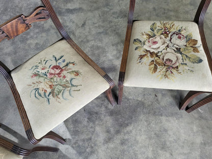 Six antique Regency sabre leg tapestry dining chairs