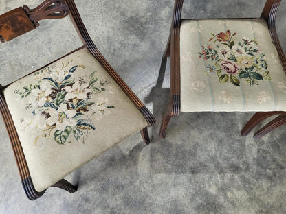 Six antique Regency sabre leg tapestry dining chairs