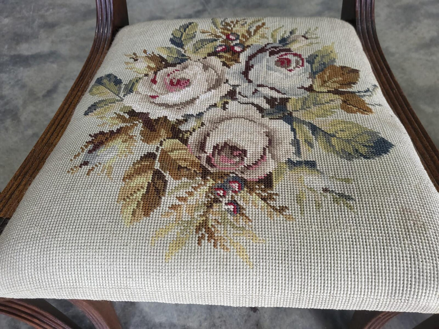 Six antique Regency sabre leg tapestry dining chairs