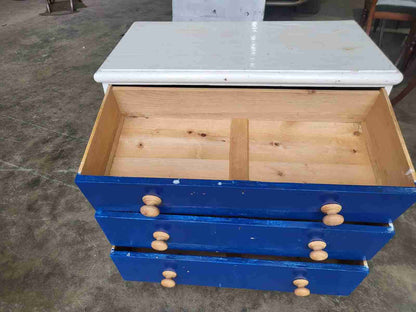 Vintage 20thC small low painted chest of drawers white blue 3 drawers