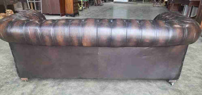 Antique repro button back 3 seat brown leather Chesterfield  sofa