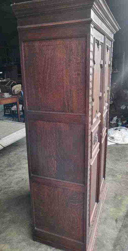 Antique dark oak panelled carved 2 x door wardrobe
