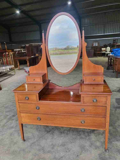 Antique Edwardian inlaid dressing table drawers oval mirror