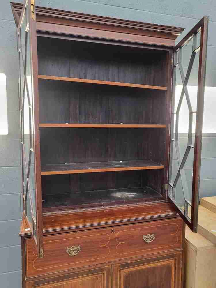 Antique Georgian inlaid mahogany large secretaire bookcase splayed legs drawers