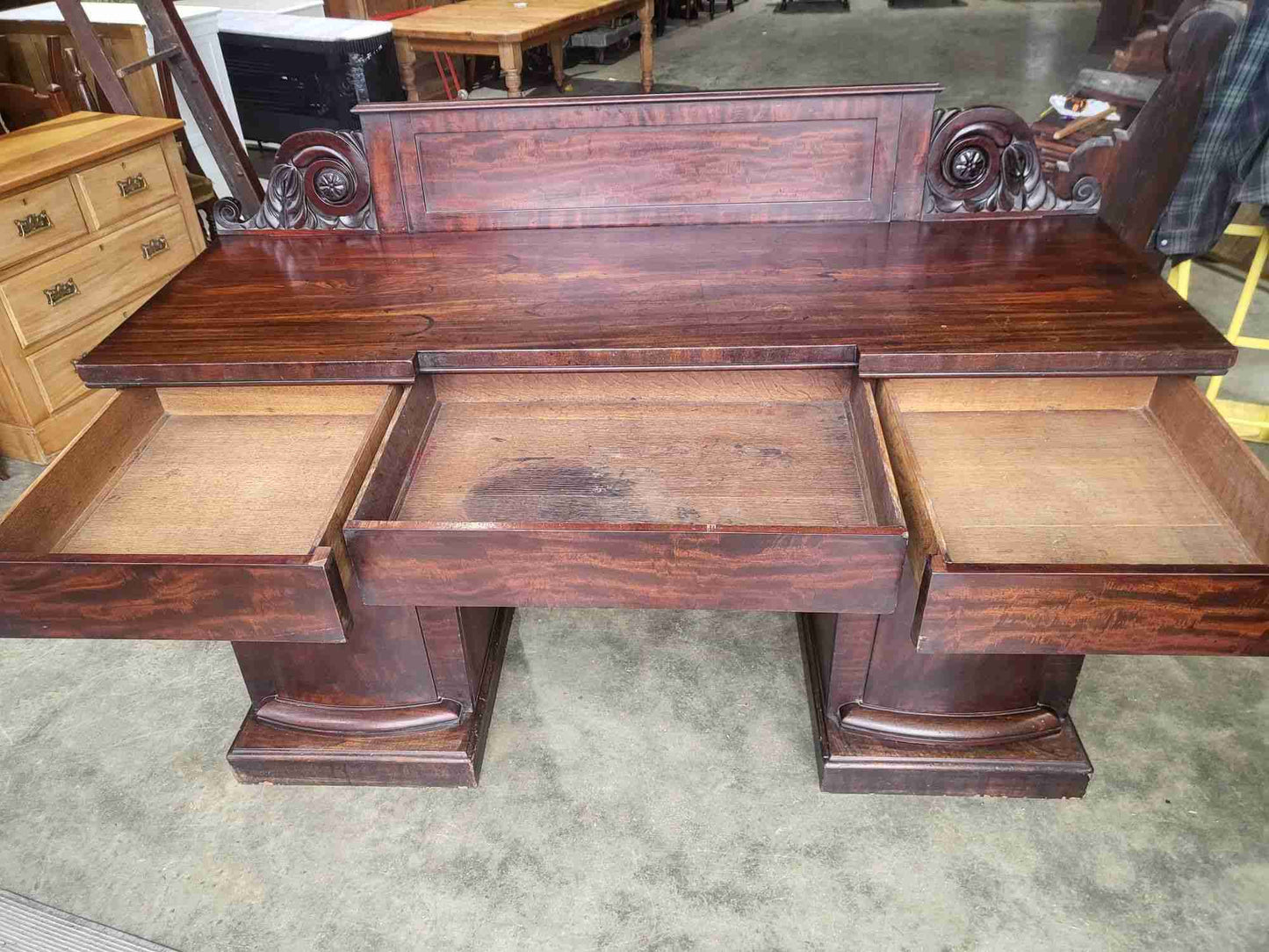 Antique Edwardian Victorian mahogany twin pedestal sideboard drawers wine drawer