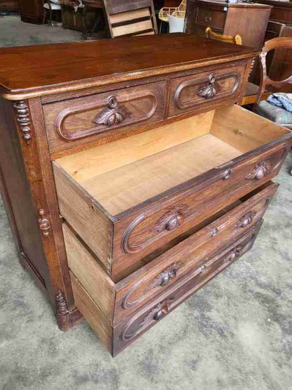 Antique 2 over 3 chest of drawers carved fruit handles