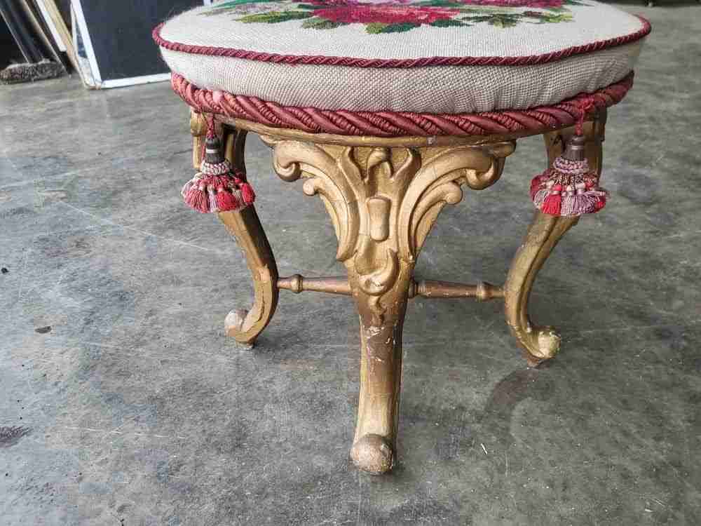 Antique Victorian round gilt cabriole legs tapestry stool seat
