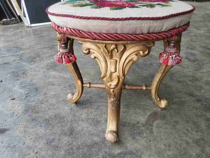 Antique Victorian round gilt cabriole legs tapestry stool seat