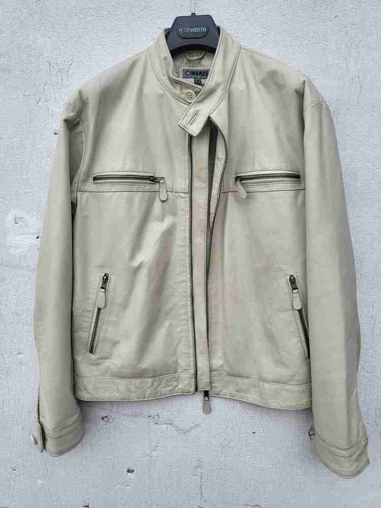 Men's cream leather biker jacket 42" M