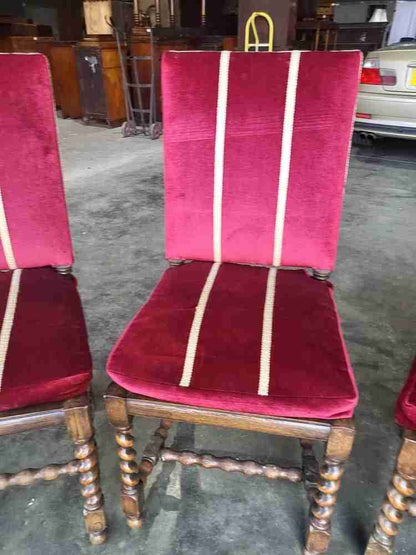 4 vintage 20thC oak barley twist bergere dining chairs padded