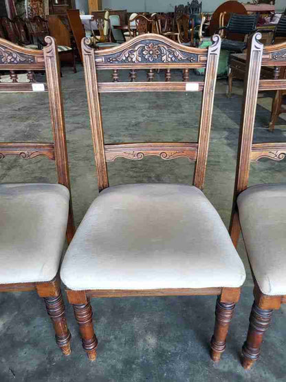 Four antique Victorian carved bar back dining chairs cream