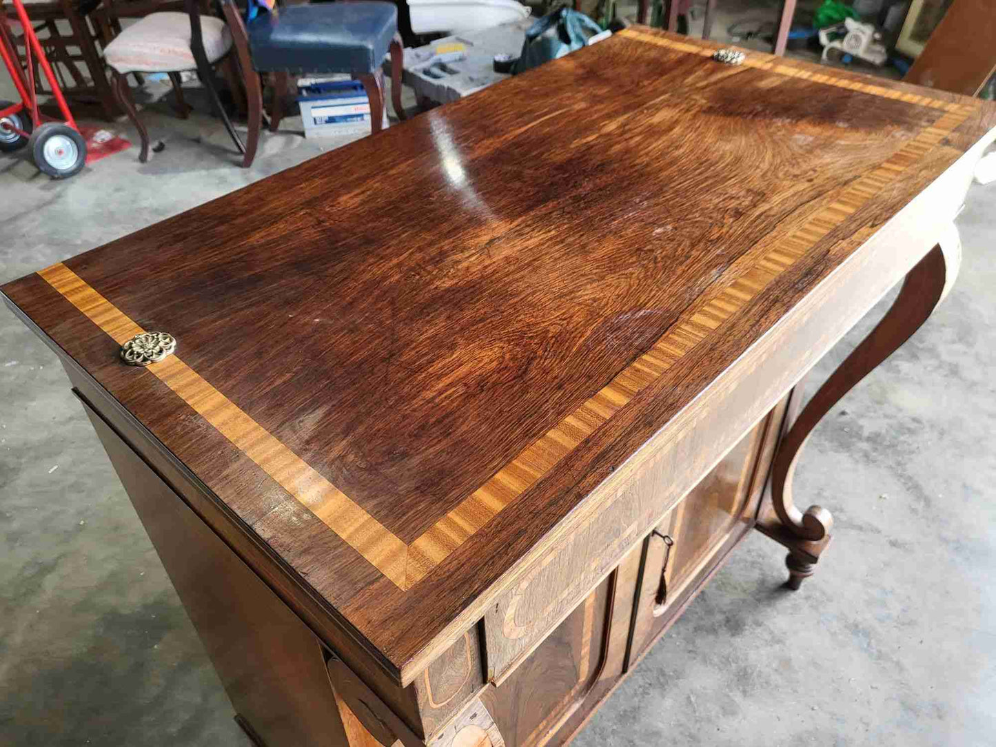 Antique inlaid small sideboard cupboard curved columns