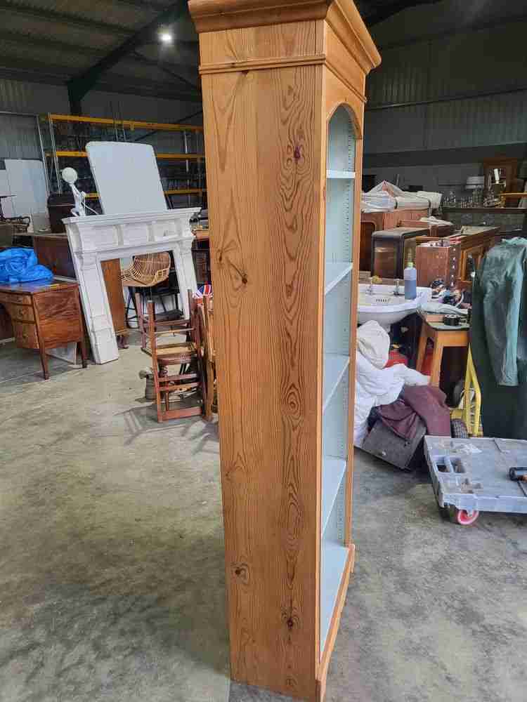 20thC pine tall slim open bookcase painted interior shelves