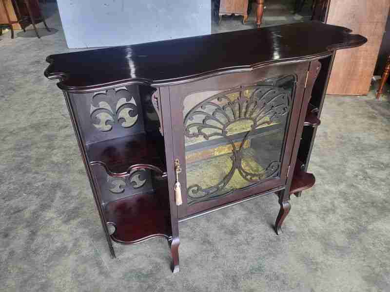 Antique serpentine glazed chiffonier sideboard cabinet velvet shelves