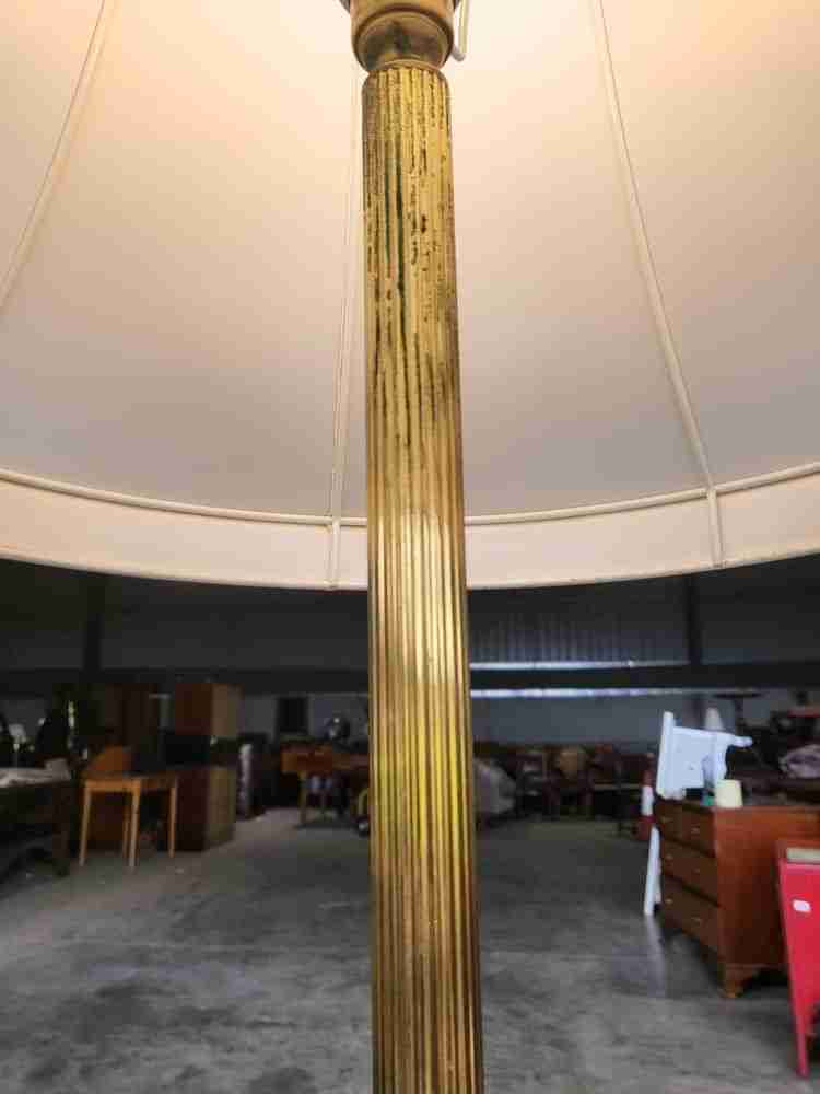 Vintage 20thC brass standard lamp cream shade round base feet