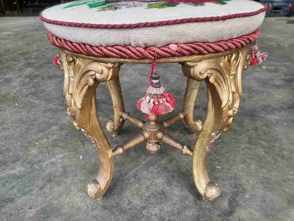 Antique Victorian round gilt cabriole legs tapestry stool seat