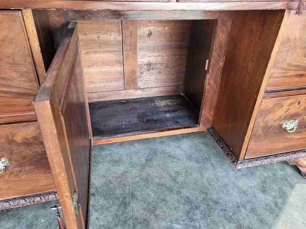 Antique Victorian knee hole writing desk claw feet leather top cupboard