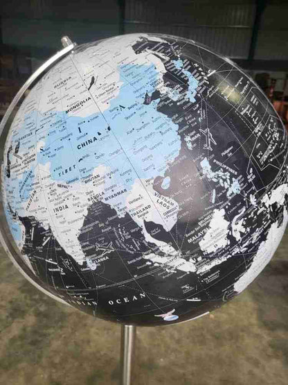 20thC World globe map chrome tall tripod stand floor standing