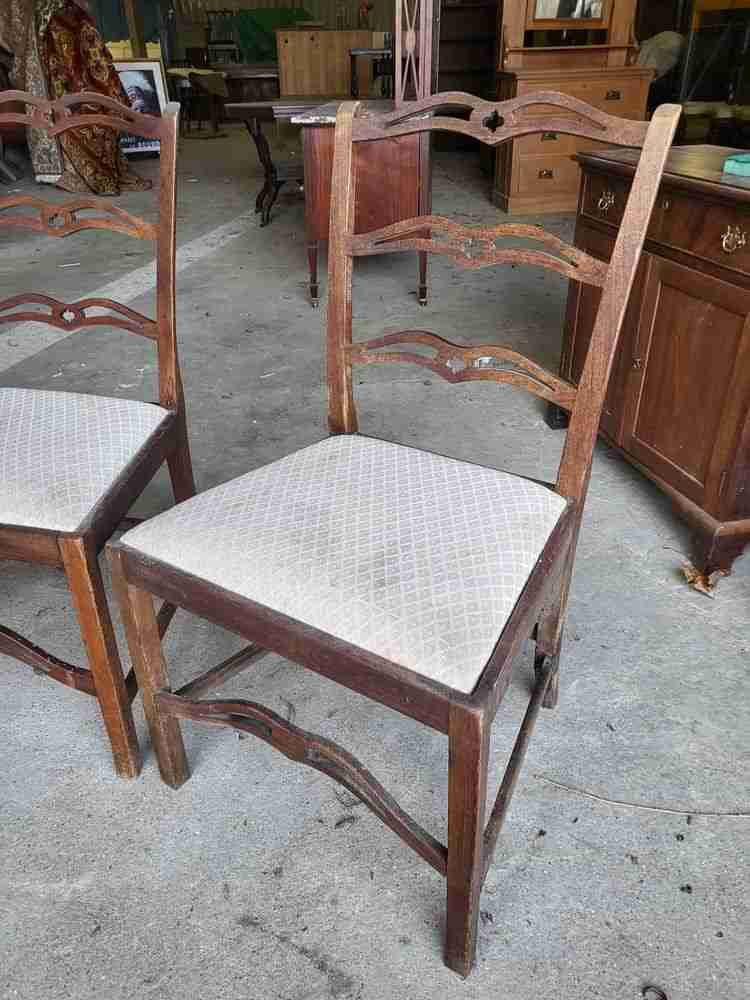 Four antique Georgian ribbon back dining chairs square legs