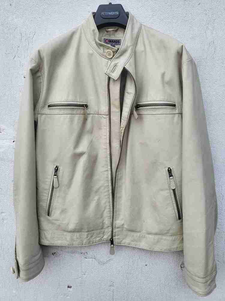 Men's cream leather biker jacket 42" M