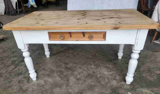 20thC pine  kitchen dining table white legs drawer seat 6