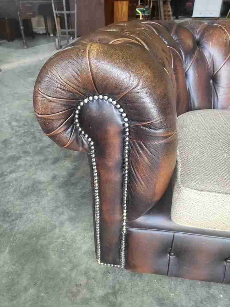 Antique repro button back 3 seat  brown leather Chesterfield  sofa