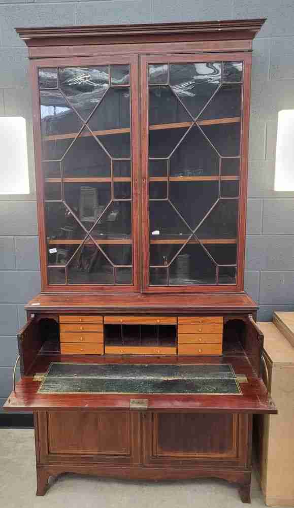 Antique Georgian inlaid mahogany large secretaire bookcase splayed legs drawers