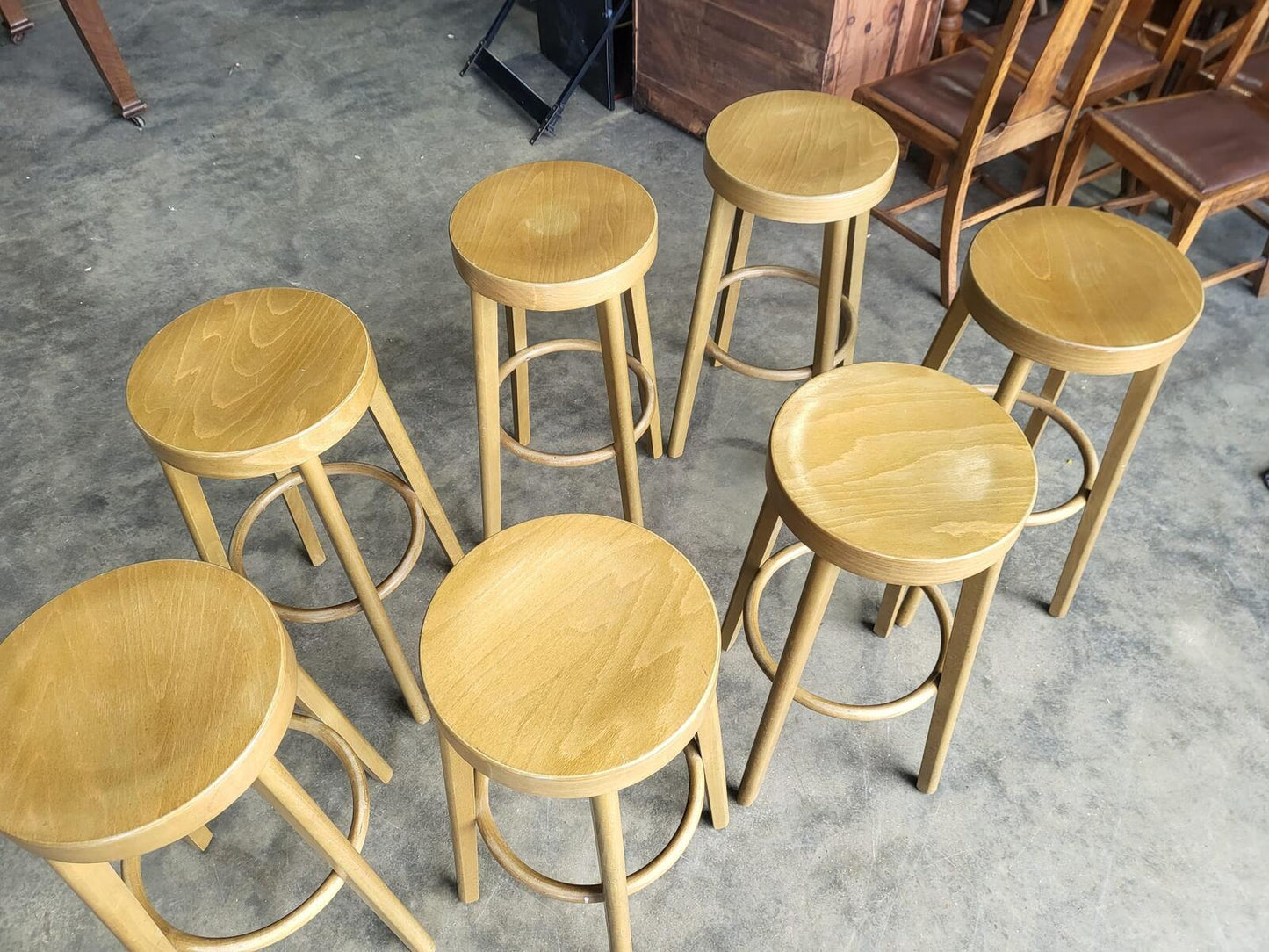 Seven 7 tall round wooden beech bar kitchen pub stools