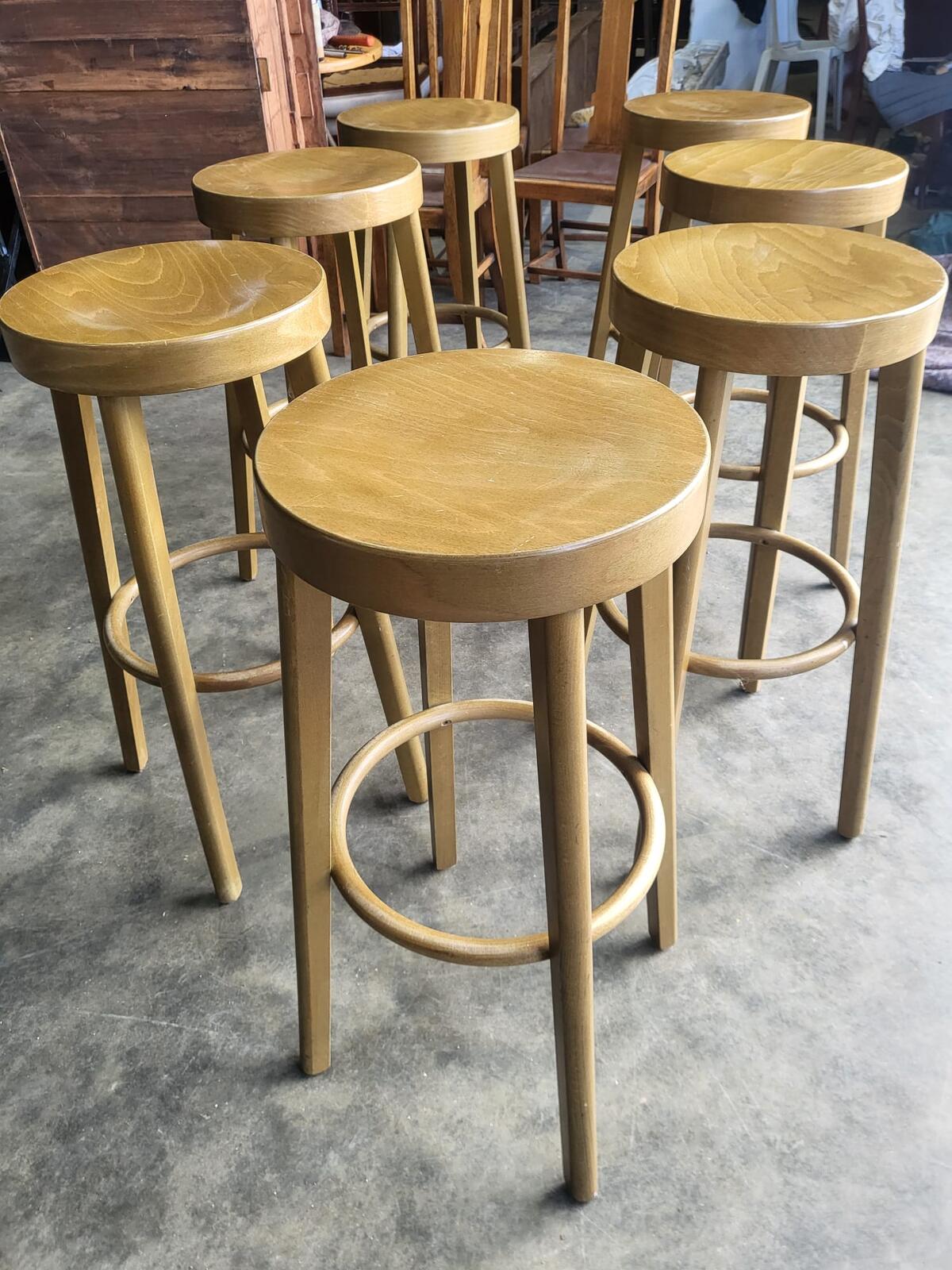 Seven 7 tall round wooden beech bar kitchen pub stools