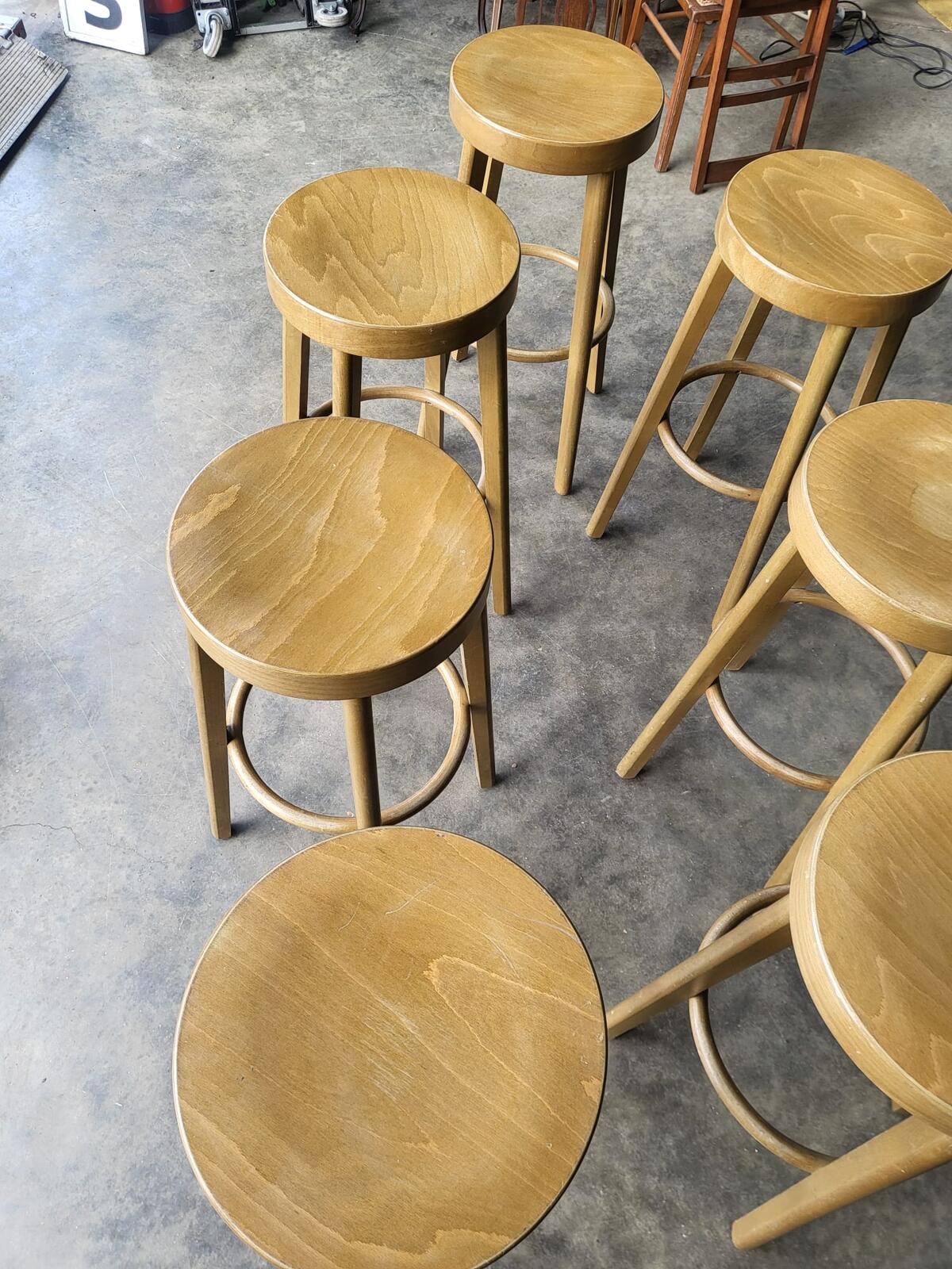 Seven 7 tall round wooden beech bar kitchen pub stools