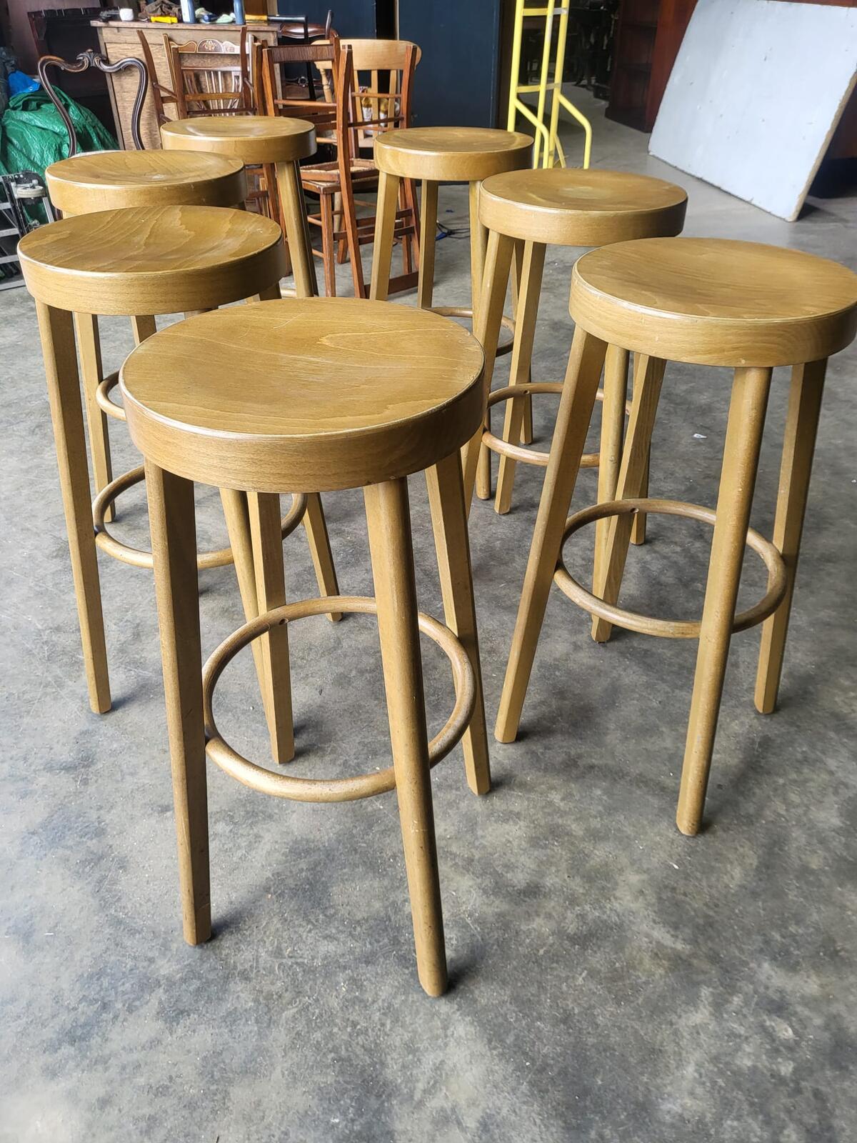 Seven 7 tall round wooden beech bar kitchen pub stools