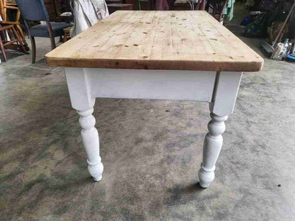 20thC pine  kitchen dining table white legs drawer seat 6